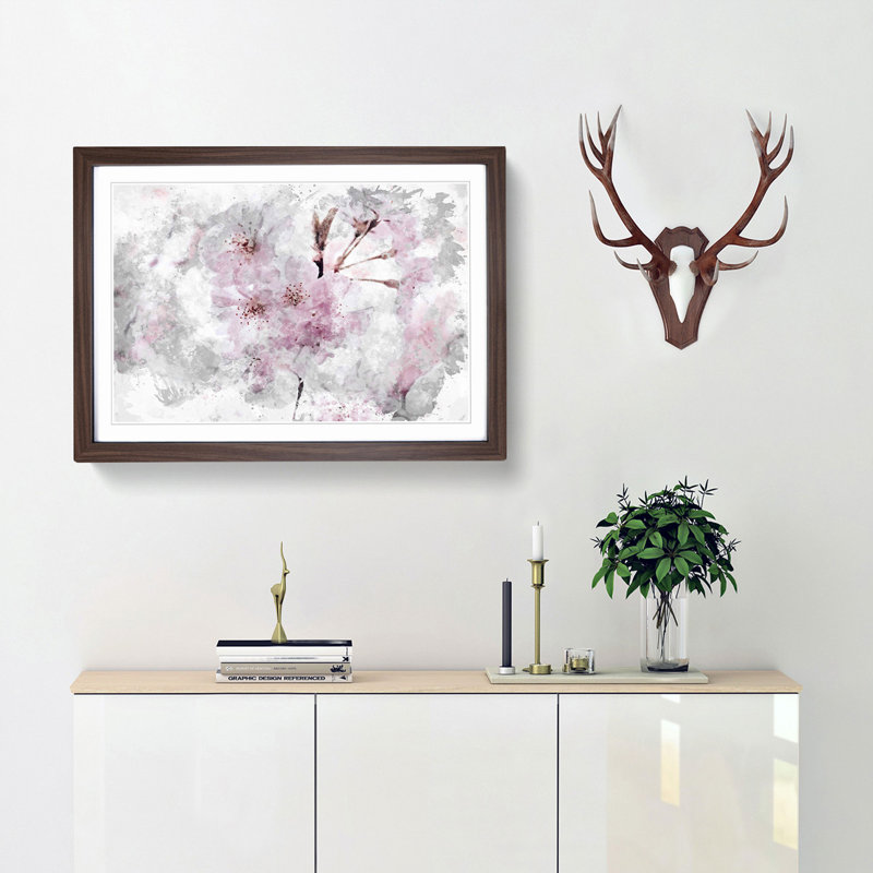 A Pretty Pink Cherry Blossom Tree in Abstract - Picture Frame Painting Print on MDF, 62cm H x 87cm W x 2cm D, Walnut Framed