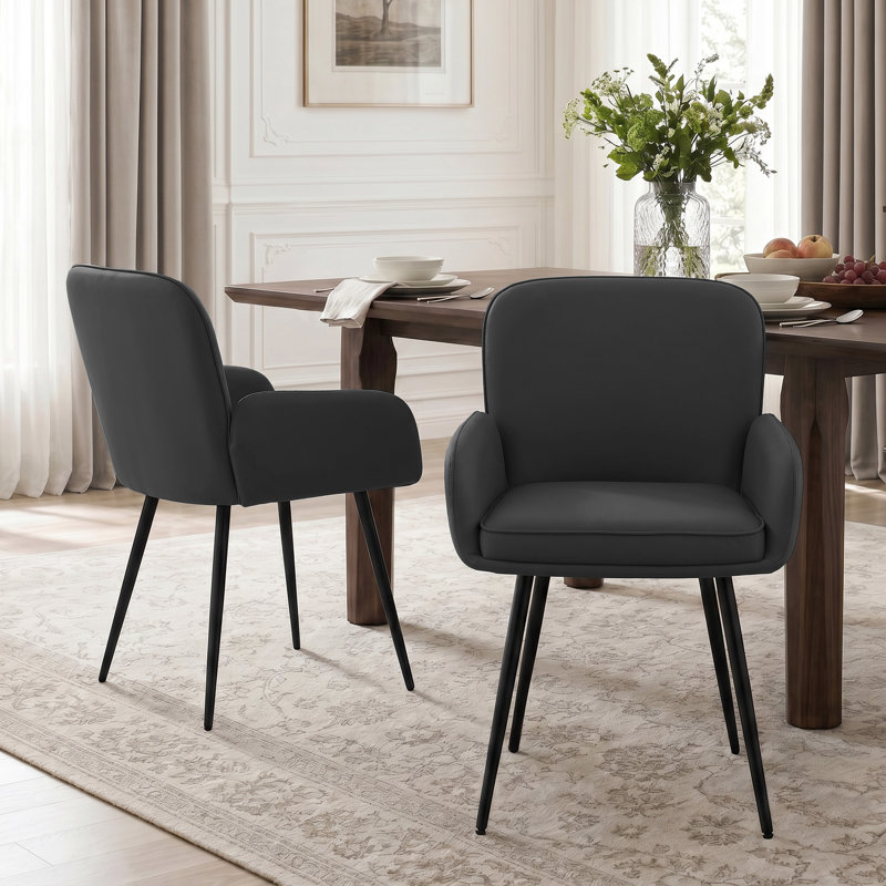 Upholstered Chenille Dining Chairs With Metal Legs (Set of 2), Black Faux Leather