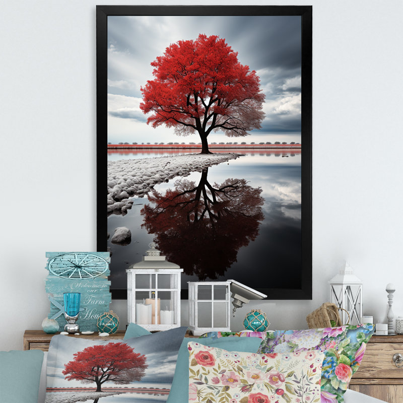 Lucuss " Monochrome Red And Grey Tree Solitude II ", Black Picture Framed, 20" H x 12" W x 1" D