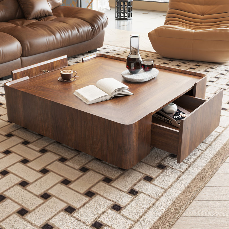 Modern Square Walnut Coffee Table with Storage Drawers, MinimalistCenter Table for Living Room & Home Office, 2 Drawers