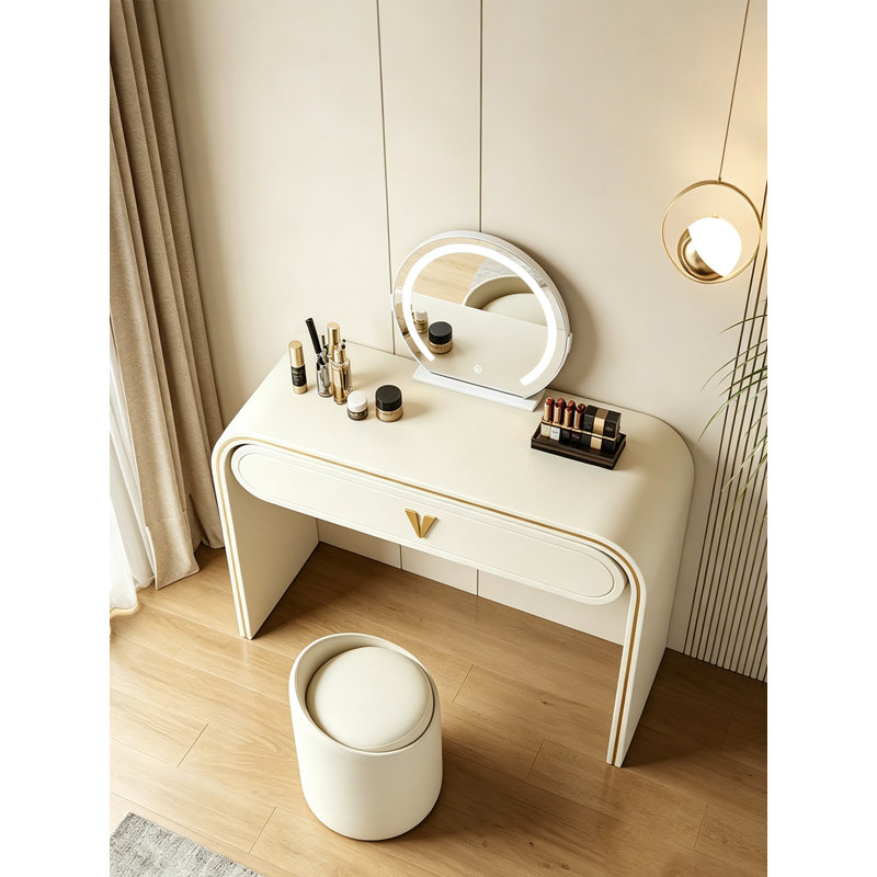 Ensemble de coiffeuse de chambre à coucher en bois massif léger et luxueux avec tabouret et miroir DEL