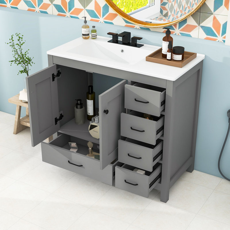 Meuble-lavabo simple autoportant contemporain avec lavabo en céramique et grand rangement, Gris
