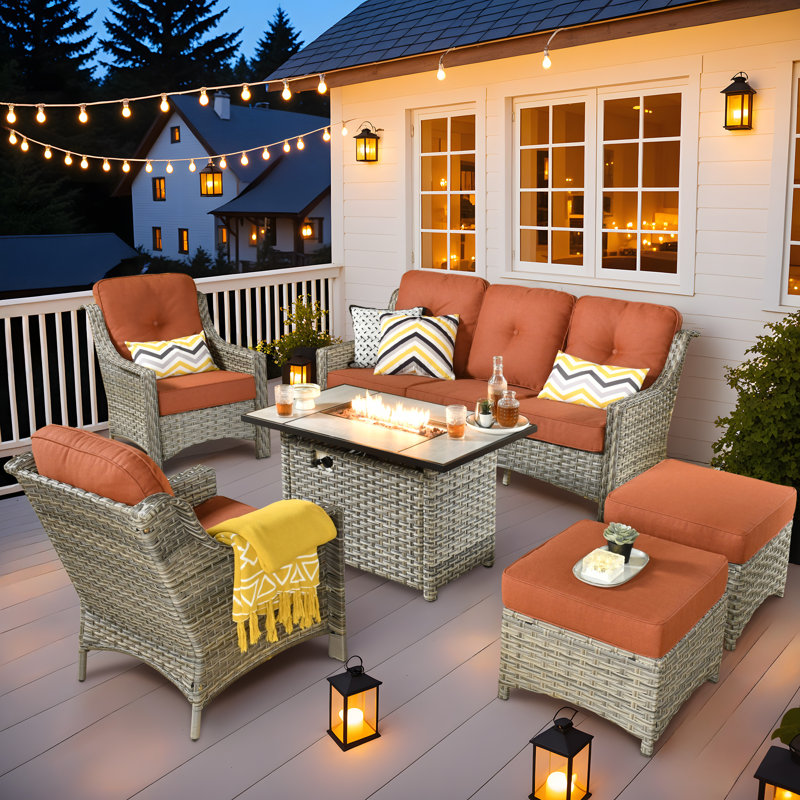 Harper 6 Pieces Patio Furniture Set With Fire Pit Table, Outdoor Wicker 3-seat Sofa With Comfy Cushion, High Back Rattan Conversation Set For Garden Backyard