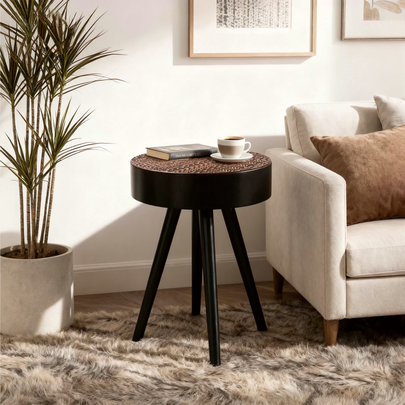 Table basse ronde de 15,7 pouces avec plateau sculpté, Brun, Noir / brun