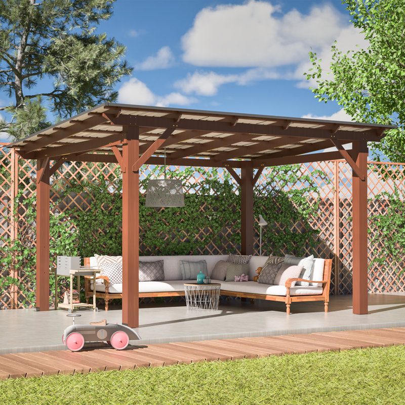 13 Ft.W x 9.7 Ft.D Fir Wood Outdoor BBQ Grill Gazebo With Hardtop Metal Roof