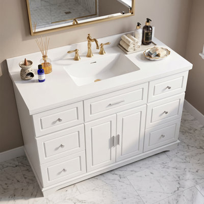 48"Single Bathroom Vanity with Integrated Solid Surface Sink Top & Backsplash , 7-Drawer Storage Cabinet, Soft-Close Doors,Traditional Freestanding Style,Requires assembly