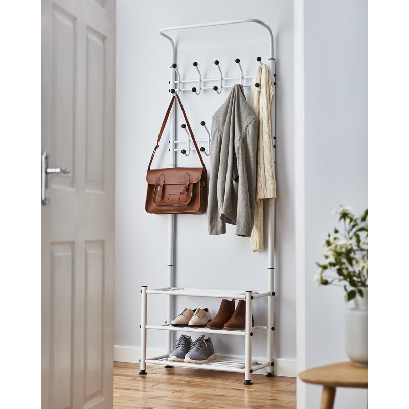 Hallway Coat Stand Steel Hall Tree with Shoe Storage, White