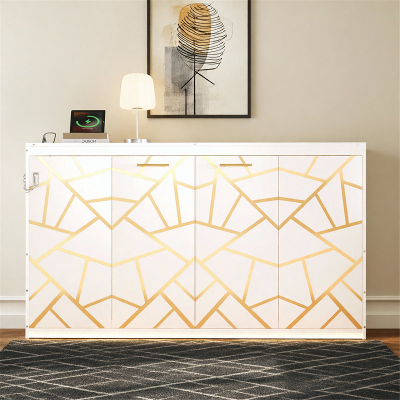 Modern Murphy Bed With LED Under-Bed Lighting, Built-In USB Outlet, Lit simple, White