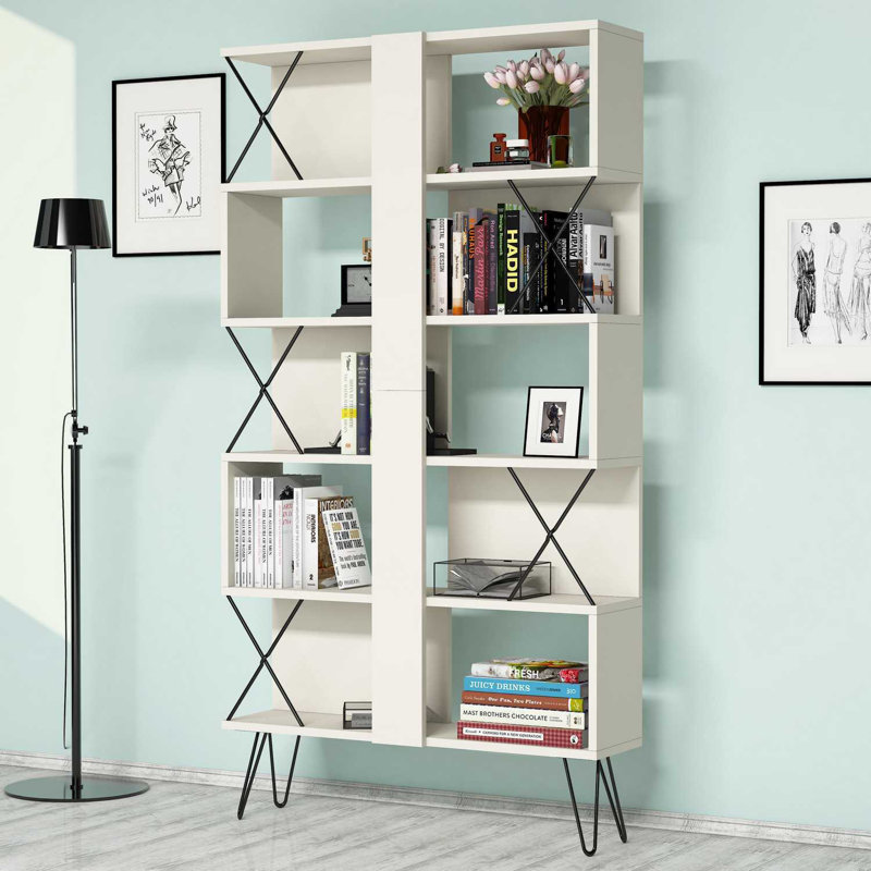 Bibliothèque moderne crème avec de nombreuses tablettes, 35,4 x 65,9 x 8,7 pouces | 100% panneau de particules enduit de mélamine, épaisseur: 0,7 pouce | Conception murale, solution de rangement industrielle élégante