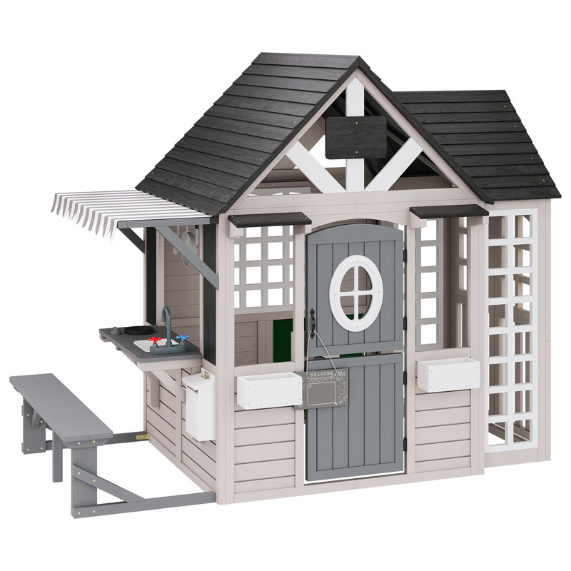 Kids Outdoor Wooden Playhouse with Kitchen Set, Backyard Cottage for Kids with Bench, Chalkboard , Pet Hole, Wooden Mailbox & Flowerpot, Backyard Play House for Boys & Girls Ages 3–8