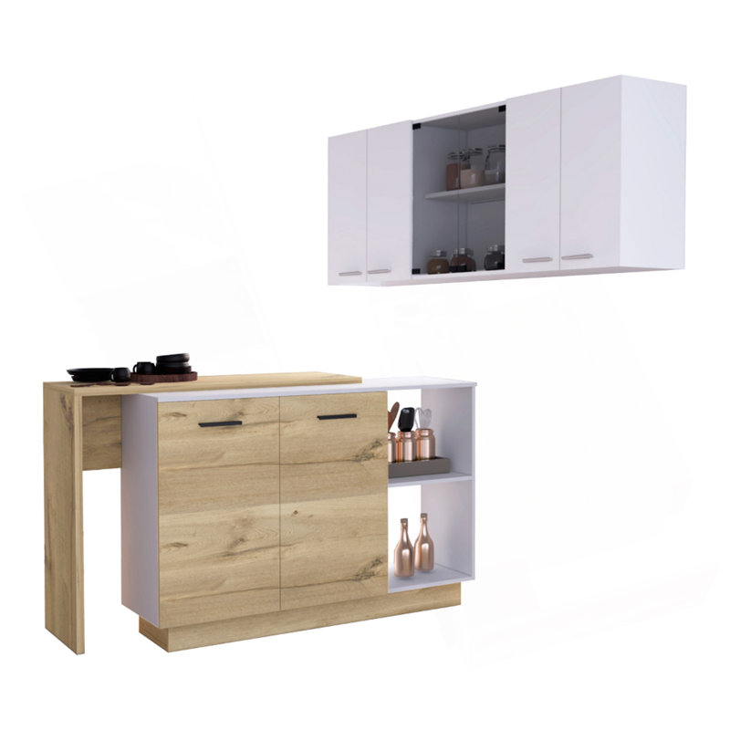 Ensemble de cuisine, îlot de cuisine et armoire murale blanc et chêne clair 2 pièces