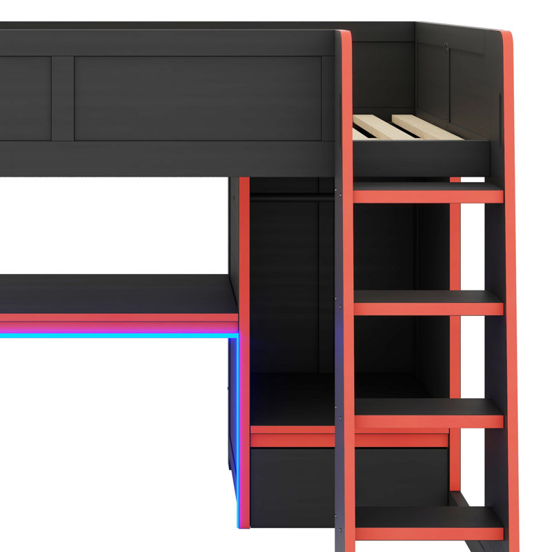 Lit mezzanine en bois avec bureau, garde-robe, DEL et tiroir, Double
