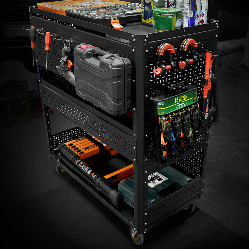 Chariot utilitaire de rangement à 3 niveaux avec chariot perforé et pliable avec roulettes pour organisateur de garage et rangement pour outils