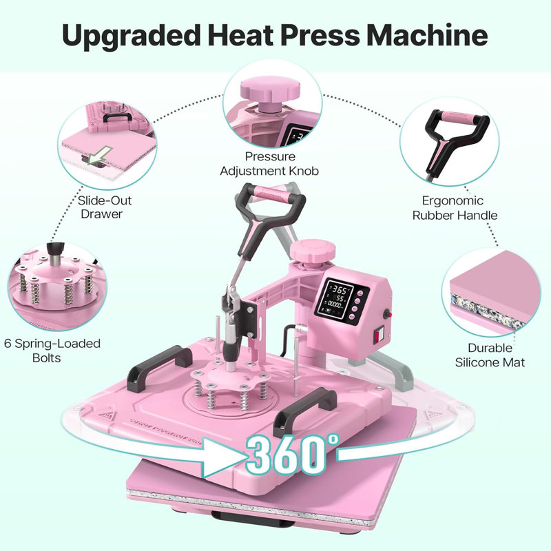 Machine à presser 5 en 1 Suteck, combinaison de sublimation par transfert de chaleur à 360 degrés, 15" x 15", Pink