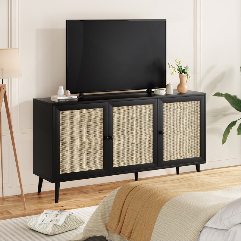 Sideboard Buffet Cabinet With 3 Rattan Doors,Modern Kitchen Storage Console Cabinet For Entryway Living Room (Large,Black)