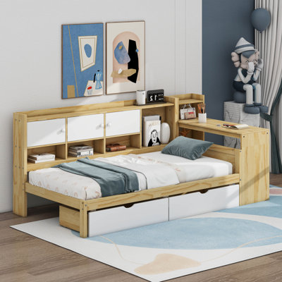 Twin Wooden L-Shape Daybed With Drawers, Desk And Bookshelf