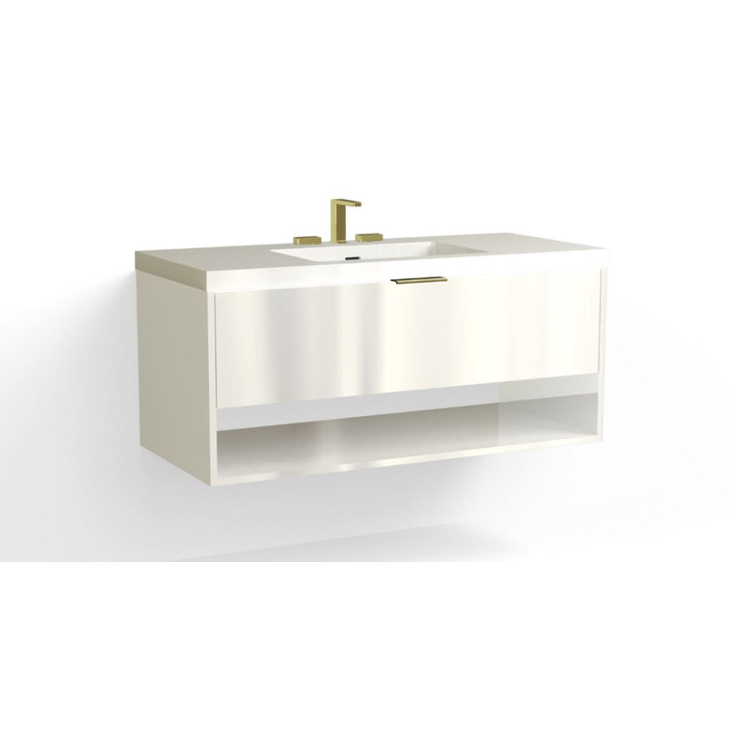 Modo 48" W Wall Mounted Single Bathroom Vanity, Glossy White/Single, Nocino, Satin Brass