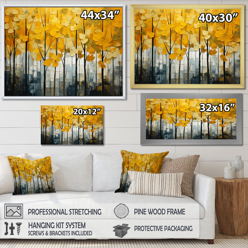 Collage de bois jaune Marjut Forest I - impression, Cadre simple blanc, H 30 po x l 40 po x P 1,5 po