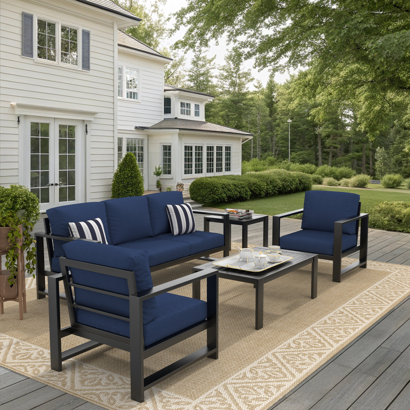 Dulcie 5 Person Seating Set with Sunbrella® Cushions, Canvas Navy Sunbrella® Canvas