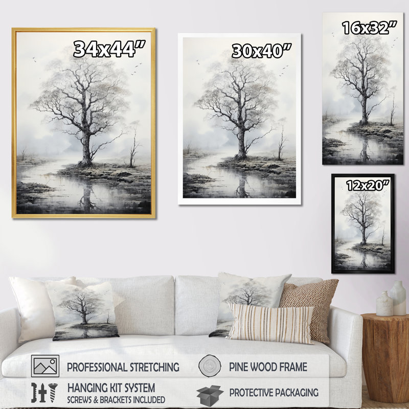 Minimalisme, arbre gris, solitude I, paysage, art mural, salon, H 20 po x l 12 po x P 1 po, Cadre photo blanc