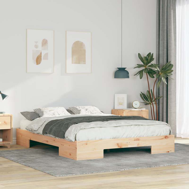 Floor Bed Frame With Storage Solid Pine Wood, Kingsize (5'), Natural