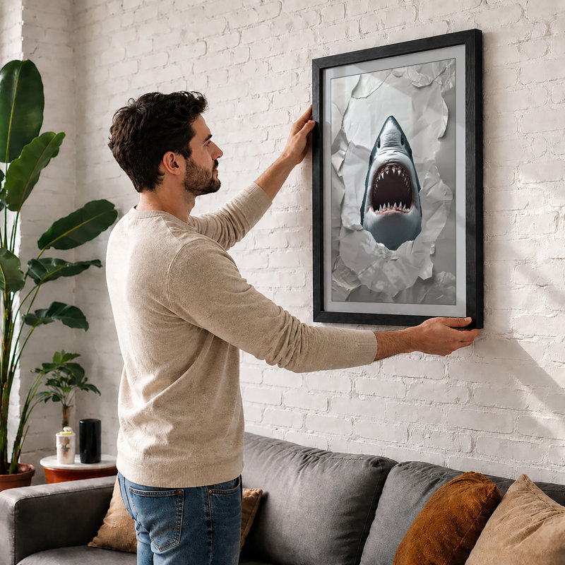 Shark Breaks Through Modern - Framed Print, Oak, A4 - 29.7 x 21.0 cm