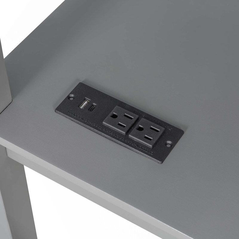 Structure de lit double mezzanine compacte avec garde-robe intégrée, bureau d'étude, tablettes de rangement et lumières, Grey