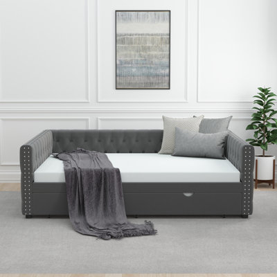 Lit de jour avec couchette rembourrée en velours capitonné, avec accoudoirs cloutés en cuivre et bouton, lit de jour double gigogne - pour chambre à coucher, salon, chambre d'amis,