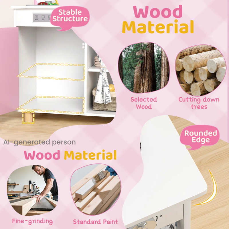 Immersive Wooden Play Kitchen with Removable Sink, Clicking Knobs & Curtained Storage, Realistic Pretend Toys, a Perfect Christmas Gift, to Keep Playroom Tidy (pink)