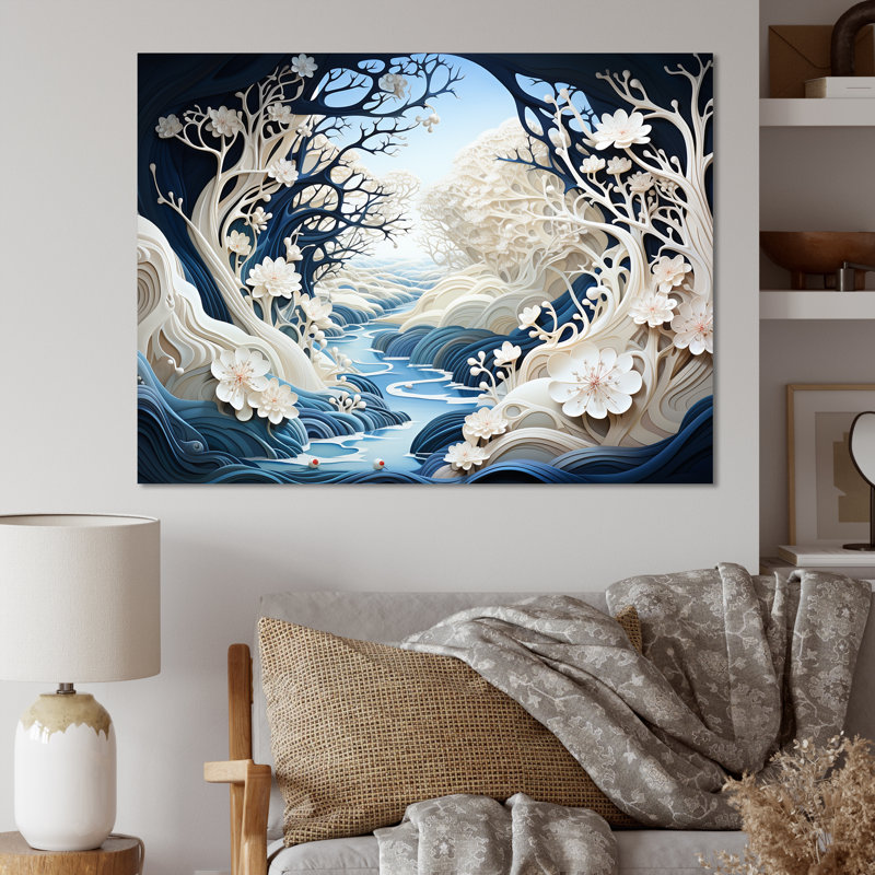 «White and Blue River Collage - Lakes and Rivers», reproduction d'art mural, Toile tendue, H 24 po x l 32 po x P 1 po