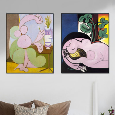 Ensemble de 2 toiles encadrées par Pablo Picasso, série d'art mural n ° 62 pour les décorations de bureau à domicile (cadre de couleur bois mince, 24 po x 32 po chaque pièce)