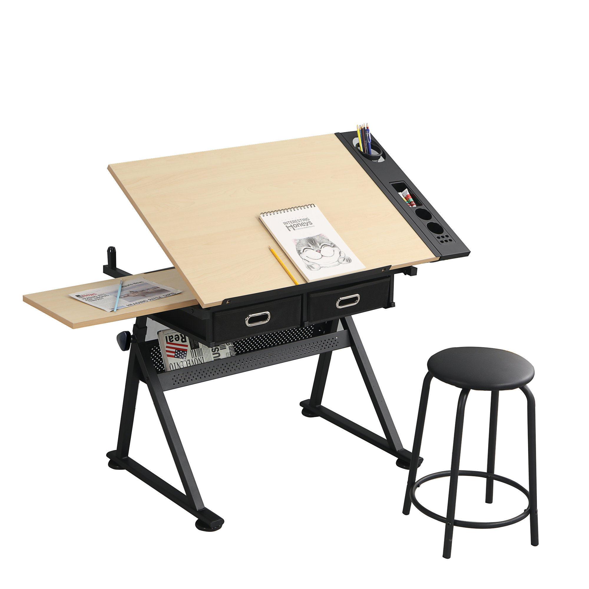 Inbox Zero Adjustable Drawing Drafting Table Desk With 2 Drawers For ...