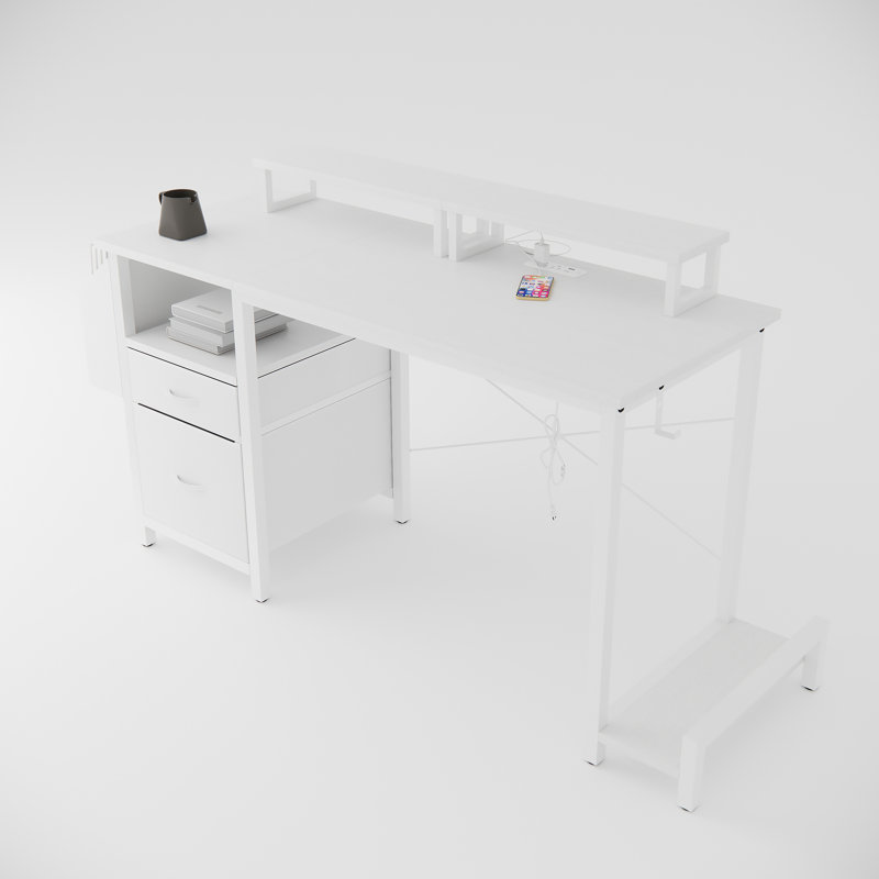 47"Office Desk With Power Outlet,2 Monitor Stands,2 Drawers,Side Pocket,Easy To Assemble,Frame Stability Reversible,Use For Home Desk, Computer Desk, Game Table,White