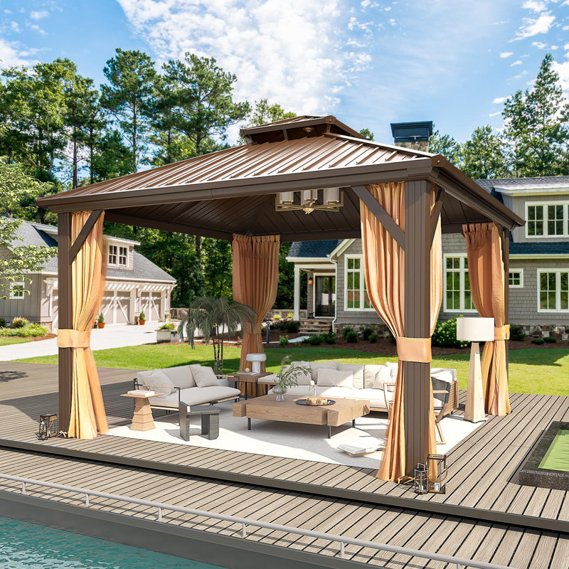 Heavy-Duty Aluminum Gazebo with Galvanized Steel Double Roof, Hardtop Outdoor Canopy with Curtain & Mosquito Netting for Patio Deck & Hot Tub