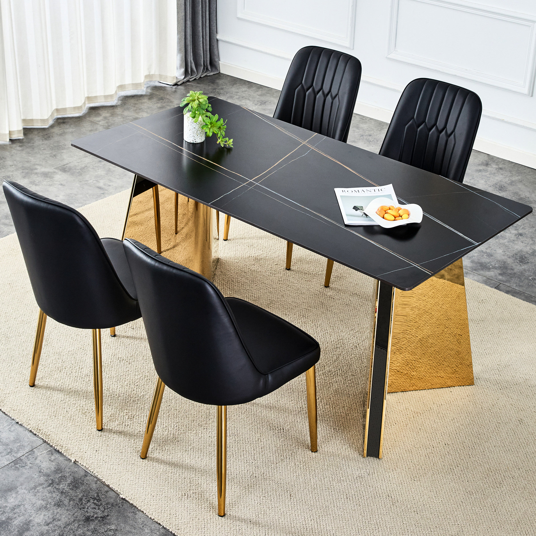Ivy Bronx Stylish Dining Ensemble - Black Textured Sintered Stone Table ...