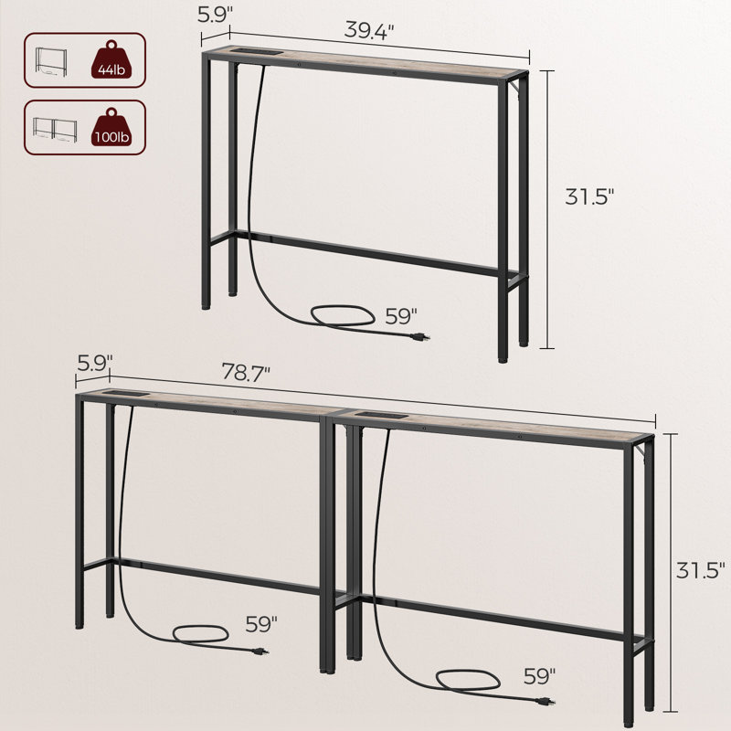 78.7" Console Table With Charging Station Skinny Behind Couch Table, Grey