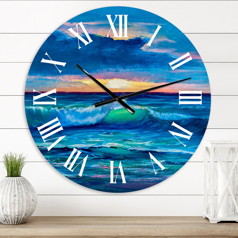 Soleil reflétant Throug Braking Waves - horloge murale côtière, Petit
