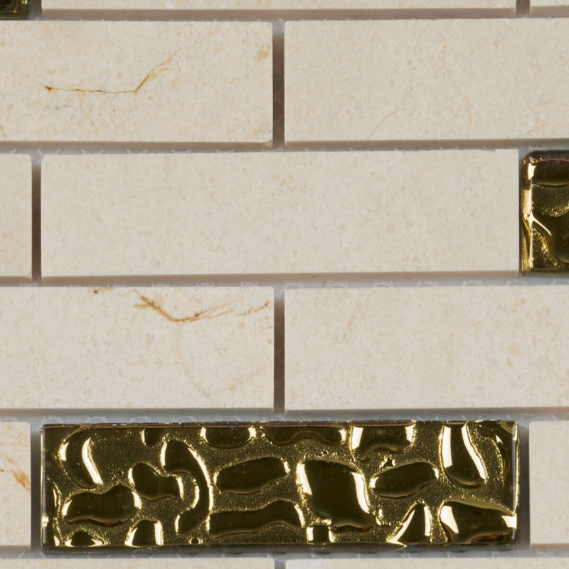 Chateau III 1" x 4" Marble Brick Joint Mosaic Wall Tile, Marfil/Gold