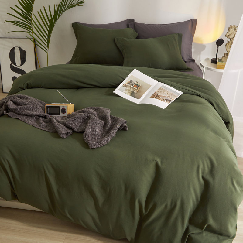  Breathable Washed Microfiber Duvet Cover Set, King Duvet Cover + 2 King Shams, Army Green