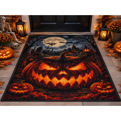 Tapis d'extérieur 152 x 213 cm, motif citrouille d'Halloween et lune, tapis bouclé imperméable en PVC, tapis résistant à séchage rapide pour porche, terrasse, balcon ou entrée.