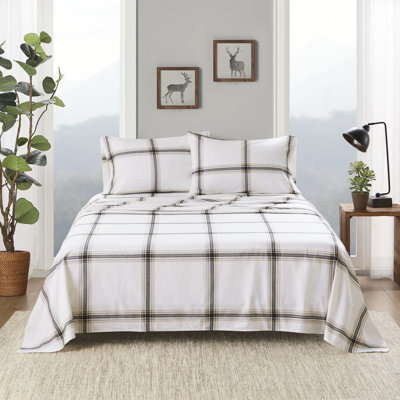 Ensemble de 4 draps 100% flanelle de coton pour lit simple / double convient aux matelas de 12 po à motif écossais de velours doux grand / très grand 14 po avec 1 housse de coussin plat et 2 taies d'oreiller entièrement élastiques lavables à la machine - sans produits chimiques