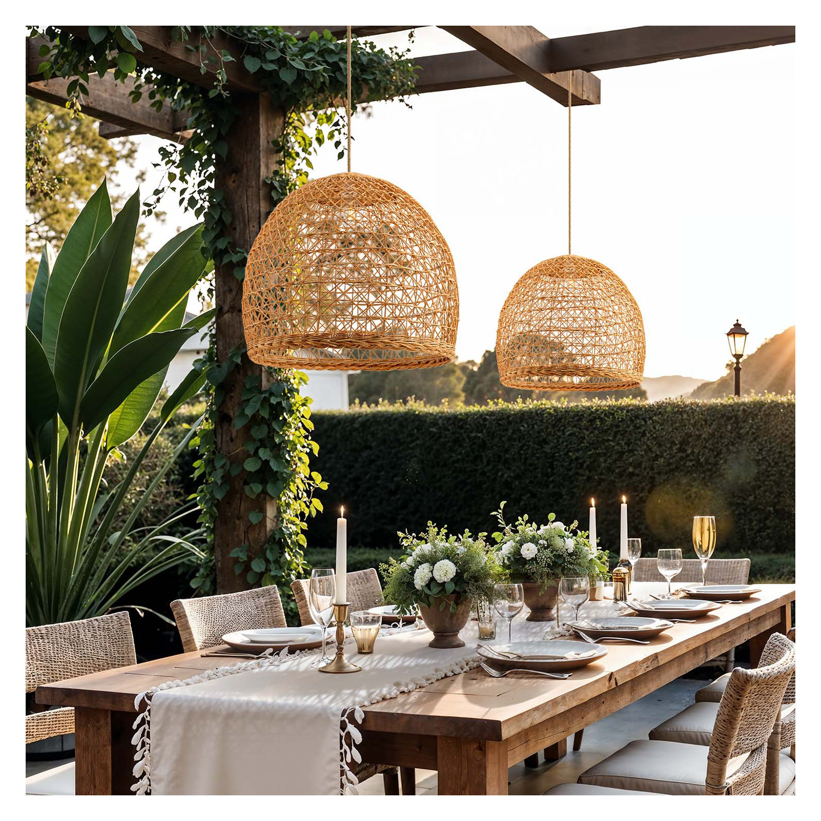 Outdoor Lumiere Dome Rattan Pendant Light, 16" H x 18" W x 18" D