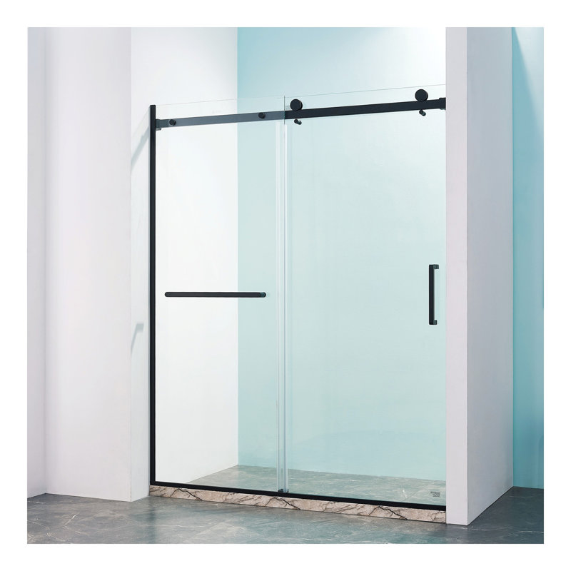 Semi-Frame Single Sliding Shower Door, 304 Stainless Stee, 5/16" (8mm) Thick SGCC Tempered Clear Glass., Matte Black
