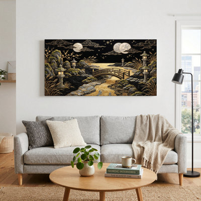 Ensemble de 1 tableau sur toile représentant un pont au clair de lune