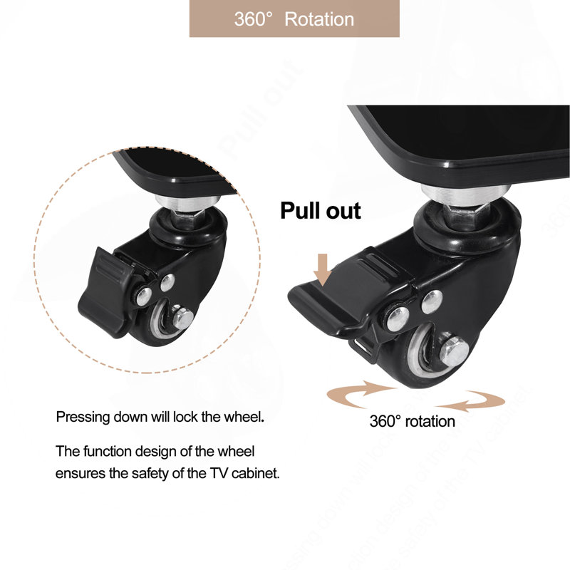 Meuble télé à hauteur réglable en hauteur et en angle avec cadre en métal trempé et roues verrouillables, 2 tablettes pour appareils multimédias