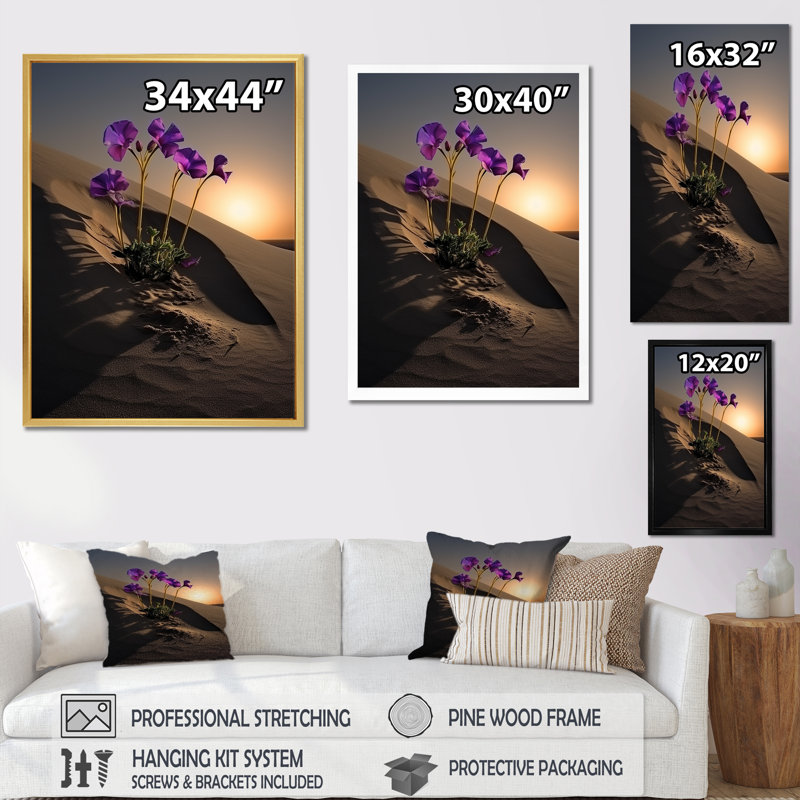 Violettes sur la plage sur toile, H 32 po x l 16 po x P 1 po, Cadre flottant blanc
