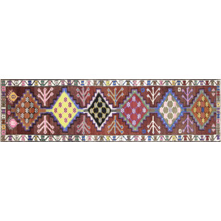 Tapis de couloir rouge en laine noué à la main de conception unique 3 pi 1 po x 10 pi 11 po années 1960