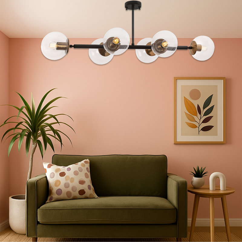 Luminaire suspendu linéaire en verre 6 lumières, Clair, Noir