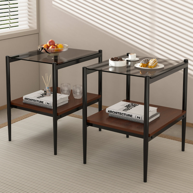 Table de bout rectangulaire 2 pièces avec plateau en verre trempé et tablette de rangement en panneau de fibres à densité moyenne, tables d'appoint de salon