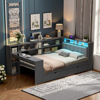Dormal Full Size Wood Platform Bed,Upholstered Daybed with Shelves, Drawers, Charging Station, LED Lighting, Desk